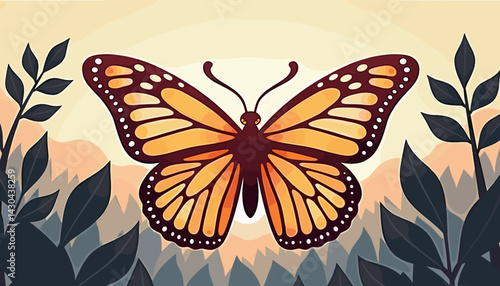 Orange Monarch Butterfly Vector Illustration with Plants and Mountain Sunset for Nature Blogs, Educational Materials, Wildlife Websites, and Conservation Awareness