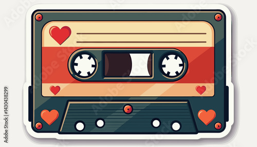 Retro Cassette Tape with Hearts Nostalgic Design for Music Blogs, 80s Themed Websites, Valentine's Day Cards, Love Song Playlists, Mix Tape Invitations