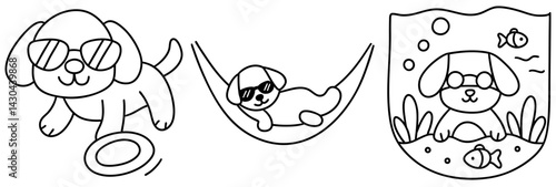 Cute dog wearing sunglasses enjoys fun activities on beach while playing with frisbee and relaxing in hammock