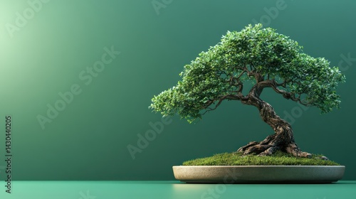 bonsai tree on a green background with copy space on the right side