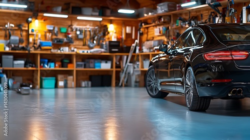 Sleek black car sits in organized garage, tools neatly arranged on wooden wall
