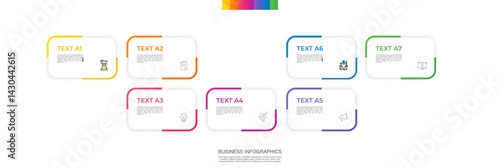 Modern vector infographic template with rectangles, elements in minimalist design. Use for presentations, business processes, interface, data visualization, marketing strategies with seven steps.
