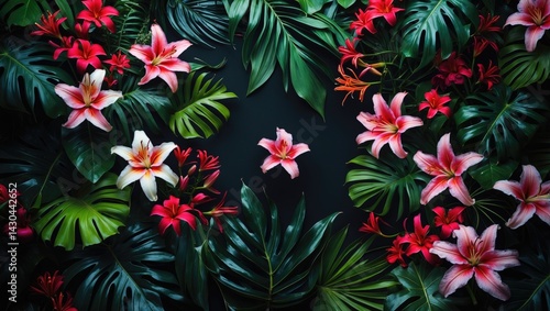 Vibrant tropical floral and leaf creative background