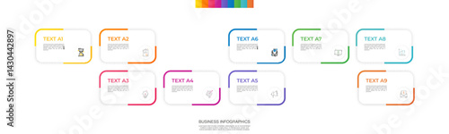 Modern vector infographic template with rectangles, elements in minimalist design. Use for presentations, business processes, interface, data visualization, marketing strategies with 9 steps.