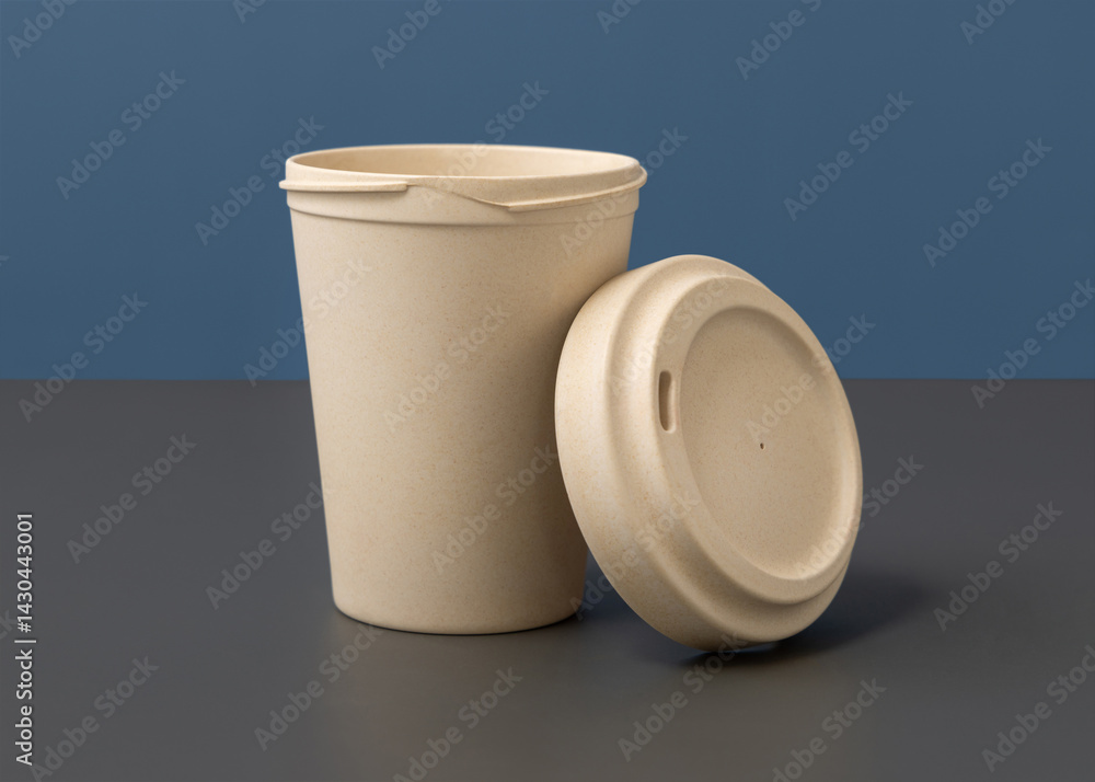 Opened beige reusable bamboo coffee cup on gray against blue closeup, copy space, mockup