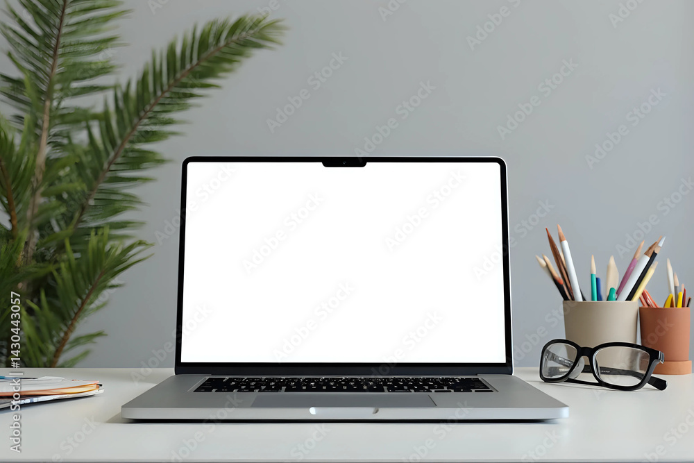 Fototapeta premium Workspace desk and laptop. copy space and blank screen. Blank screen laptop and supplies. Business concept.