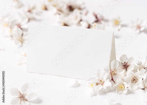 Obraz na płótnie Blank folded paper card near white cherry flowers closeup, spring wedding mockup w salonie
