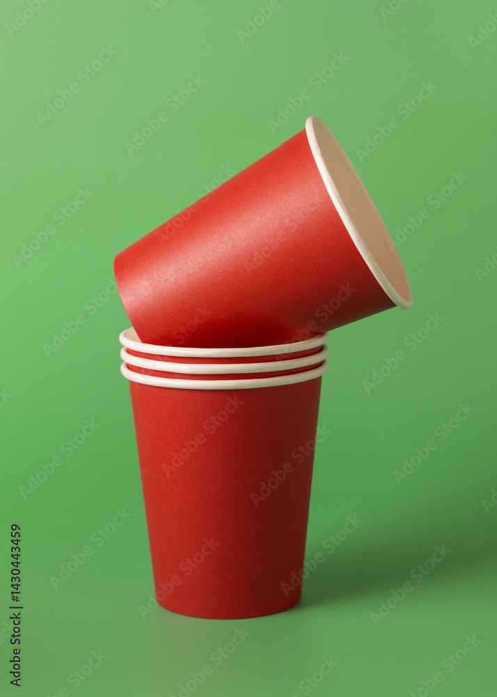 Disposable red paper cups on a green closeup, mockup. No plastic and sustainable Christmas