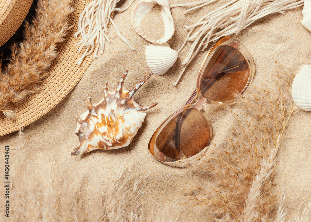 Sunglasses, seashells, pampas grass and rattan hat on sandy beach, top view