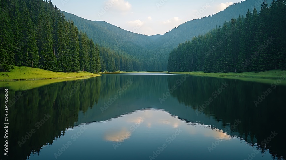 Naklejka premium Serene mountain lake reflecting a tranquil forest
