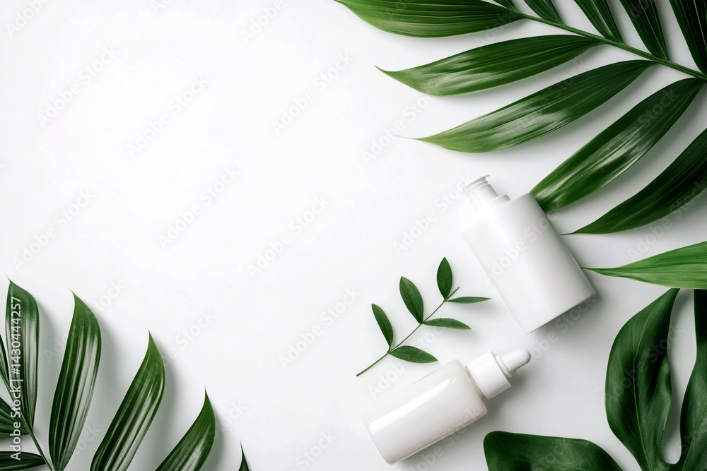 White cosmetic bottle with green plant on clean background. minimal skincare and beauty concept with copy space, representing organic, natural, and clean lotion or cream packaging