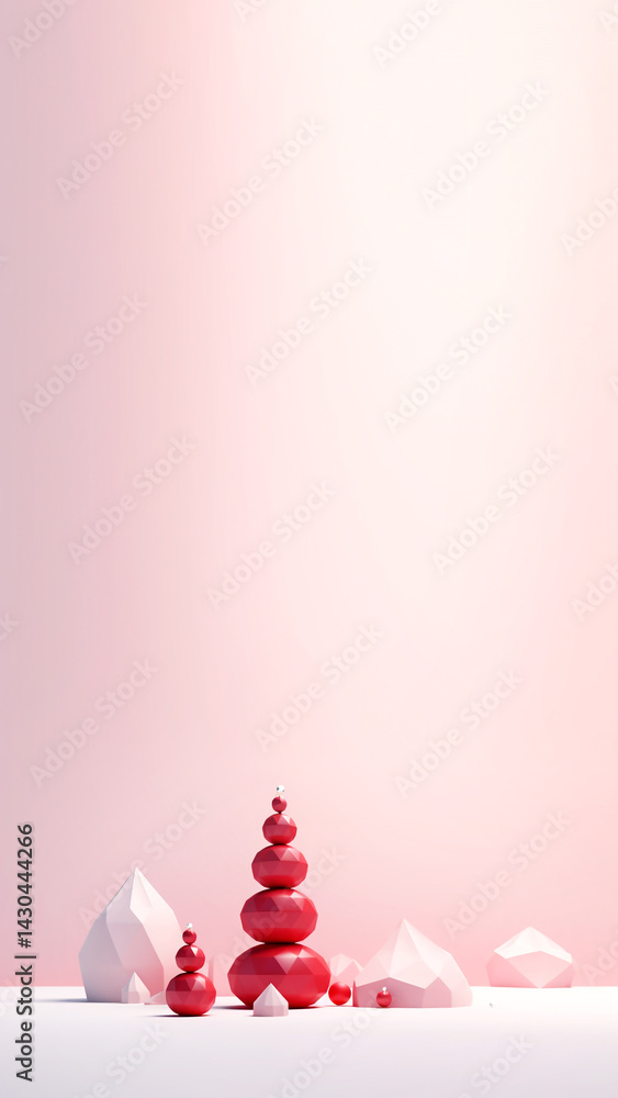 Minimal geometric Christmas tree in red on a clean background. vertical art-style composition perfect for holiday reels, stories, and modern festive designs