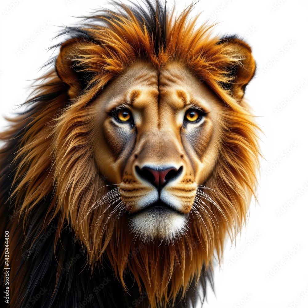 Naklejka premium Majestic Male Lion Portrait Powerful African Wildlife King with Golden Mane