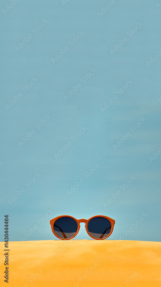 Stylish sunglasses on blue, yellow, and brown color blocks. summer fashion concept in vertical format, ideal for story or reel backgrounds