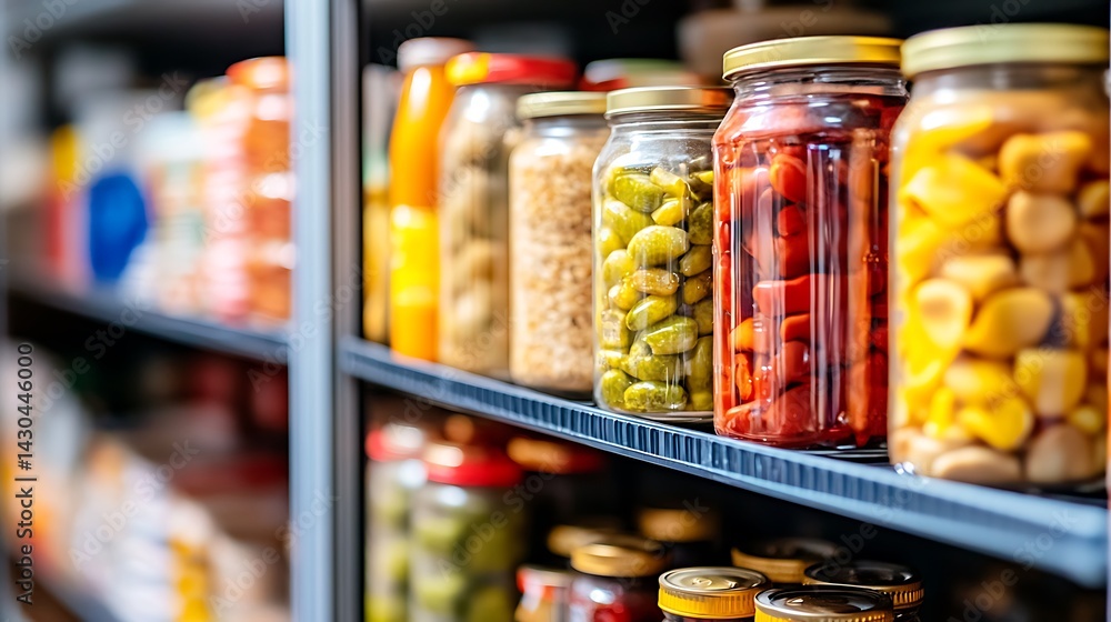 A pantry with neatly stacked jars and containers
A pantry with neatly stacked jars and containers