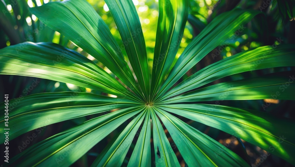 Fototapeta premium Vivid tropical leaf with green background and textured veins, palm tree close-up in jungle setting