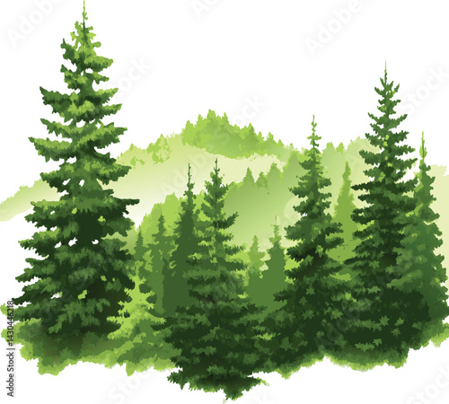 Watercolor painting of a misty pine forest with ethereal atmosphere and soft green hues, featuring foggy mountains