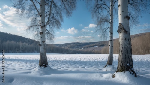 Fototapeta Naklejka Na Ścianę i Meble -  Three birch trees amid snow-covered meadow with forest in the background