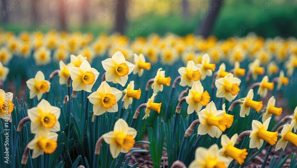 Fototapeta premium Bright yellow wild daffodils blooming in gardens and woodlands