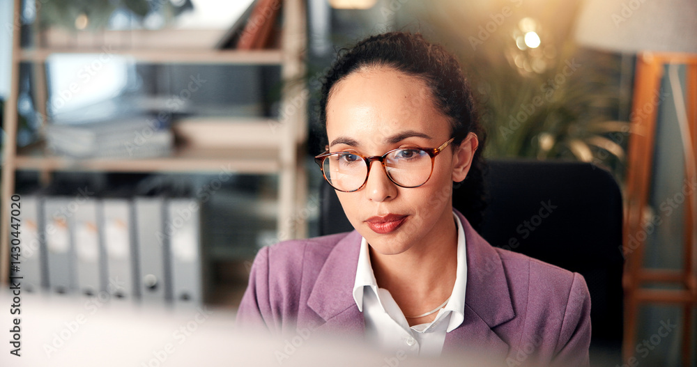 Computer, information and reading with business woman at desk for investment or portfolio management. Agenda, finance and glasses with stock market broker in workplace for strategy development