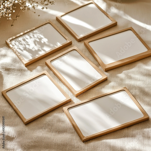 Minimalist wooden frames arranged on textured surface, showcasing clean and elegant design. soft lighting creates gentle shadows, enhancing aesthetic appeal of scene