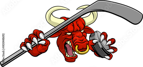 A bull or Minotaur monster longhorn cow angry mean ice hockey mascot cartoon character.