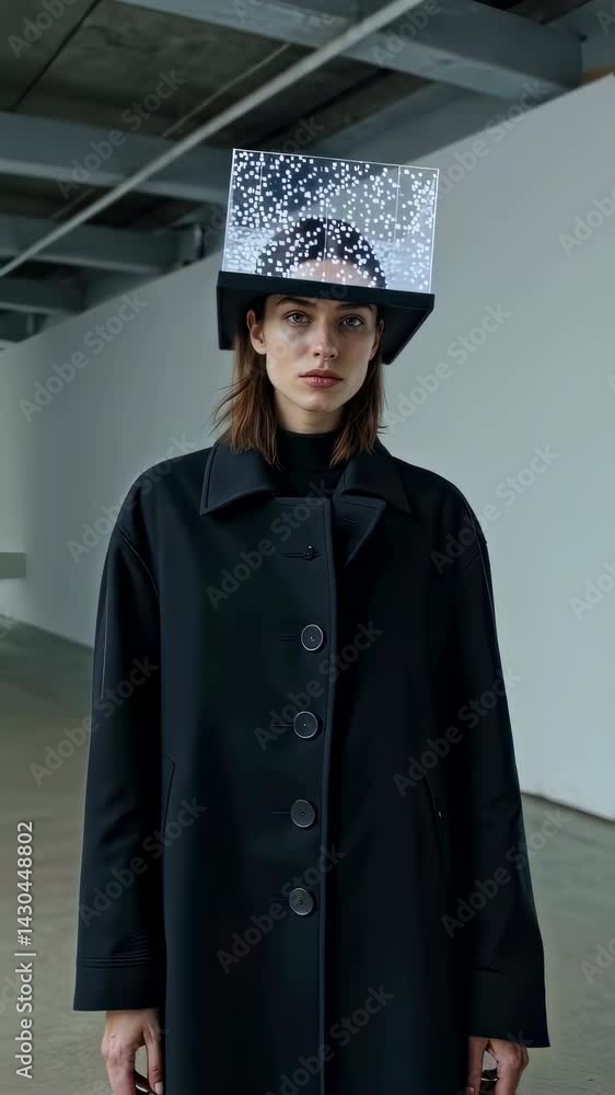 Futuristic Fashion Model with Transparent Headwear in a Modern Setting