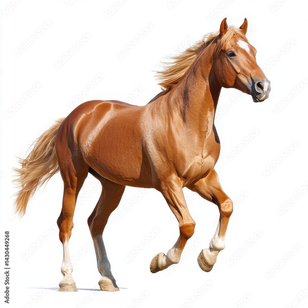Fototapeta premium A chestnut horse galloping with a white background 