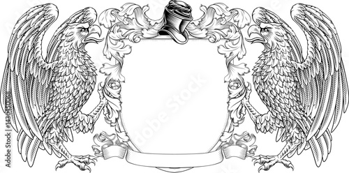 Eagles coat of arms or crest family heraldry medieval heraldic knight shield with helmet and acanthus filigree scroll ornament in a vintage woodcut style.
