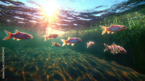 Underwater scene featuring colorful fish swimming gracefully among aquatic plants, illuminated by sunlight filtering through water surface, creating serene and vibrant atmosphere
