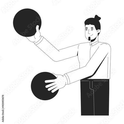 Male office worker juggling data spheres 2D line character. Confident professional manager. Caucasian man employee handling balls isolated vector ink outline person. Monochromatic spot illustration