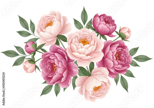 Pink Peonies Watercolor Bouquet with Buds and Leaves Isolated on Transparent Background

