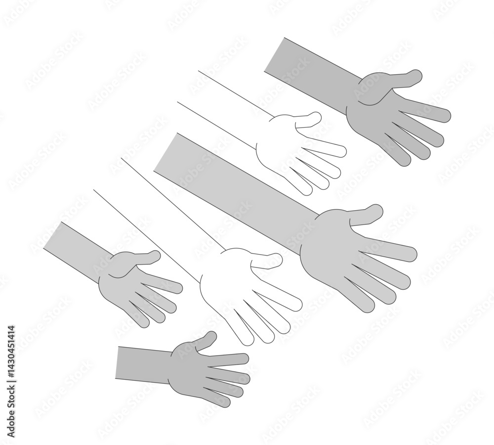 Fototapeta premium Many diverse hands reaching for help, resources outline illustration. Demand, support, competition. Financial need, community, charity isolated 2D vector image black and white. Linear drawing clip art