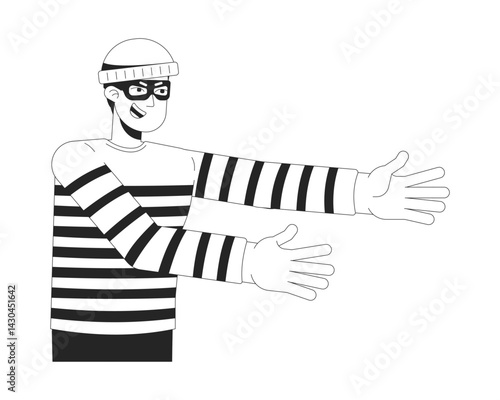 Thief man with stretched arms 2D line character. Financial fraud, theft risk. Finance scam, stealing. Fraudster reaching hands isolated vector ink outline person. Monochromatic spot illustration
