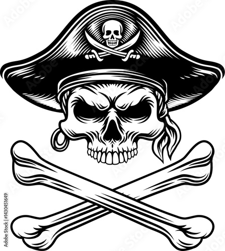 Pirate skull crossbones wearing a tricorn captain hat with crossing bones. In a vintage retro woodcut style.