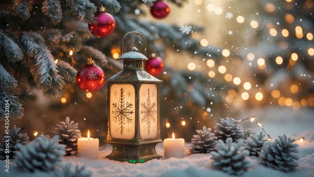 Holiday-themed lantern decorated for Christmas on the snow Holiday-themed lantern decorated for Christmas on the snow