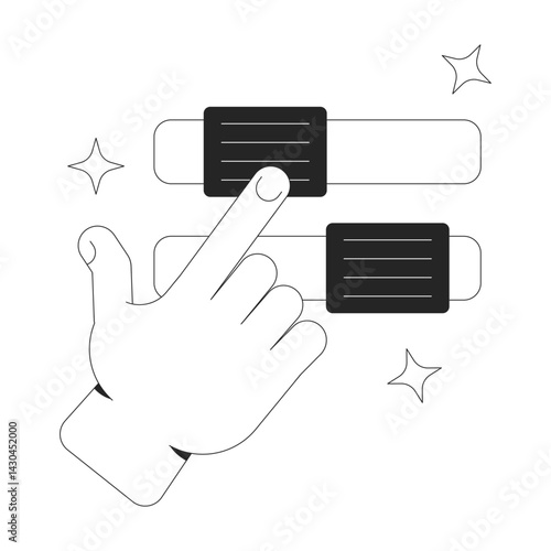Hand interacting with sliders toggles line onboarding ui illustration. User customization. Interface configuration. Interactive control outline 2D concept isolated. Ink linear metaphor vector art