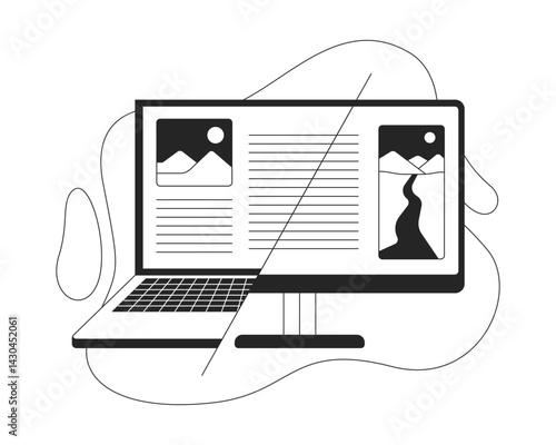 Cross-platform compatibility line onboarding ui illustration. Responsive design. Laptop transitioning into computer desktop interface outline 2D concept isolated. Ink linear metaphor vector art