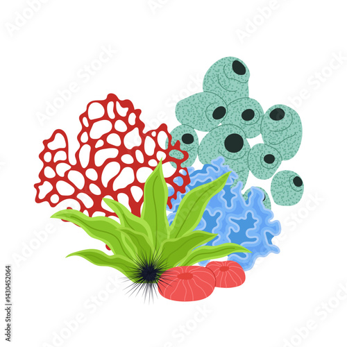 Colourful illustration coral reef. Tropical underwater plants and marine life. Underwater scene with various coral species, seaweed and marine flora. Tropical coral reef ecosystem. Aquarium.