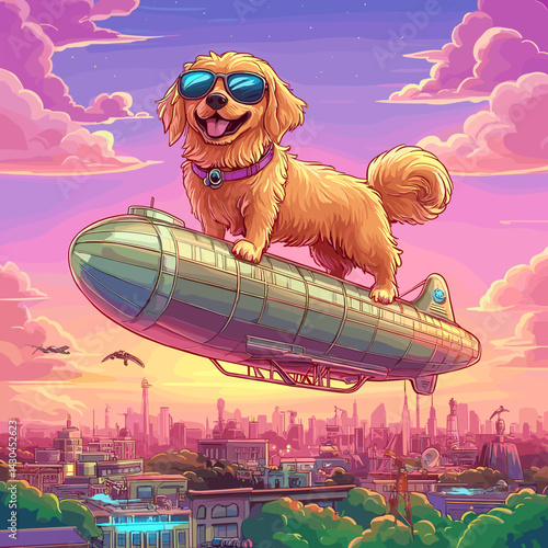 Cartoon vector illustration of a Golden Retriever in pilot glasses standing on top of a vintage airship gondola with pastel sky
