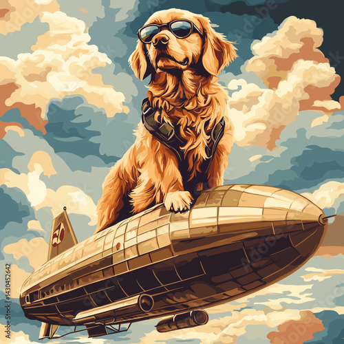 Cartoon vector illustration of a Golden Retriever in pilot glasses standing on top of a vintage airship gondola with pastel sky
