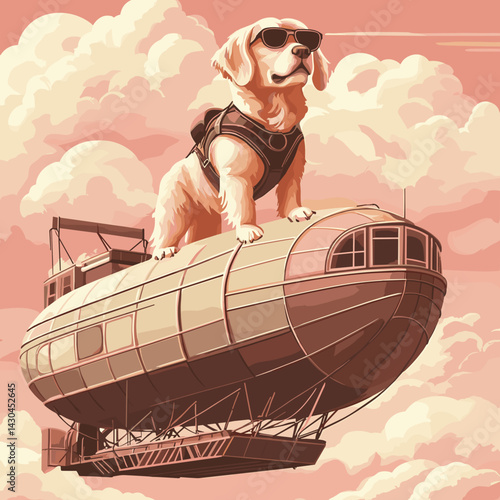 Cartoon vector illustration of a Golden Retriever in pilot glasses standing on top of a vintage airship gondola with pastel sky

