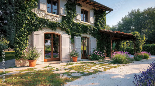 Obraz na płótnie charming house surrounded by lush greenery and vibrant flowers, featuring wooden shutters and welcoming porch. serene garden setting evokes sense of tranquility and beauty w salonie