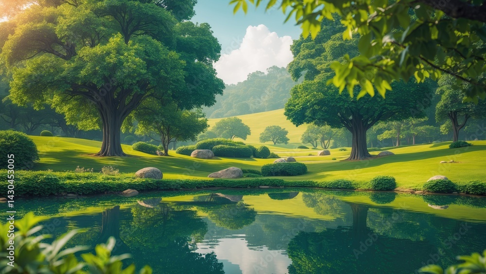 Serene Nature Scene with Greenery and Reflective Water in a Park Serene Nature Scene with Greenery and Reflective Water in a Park