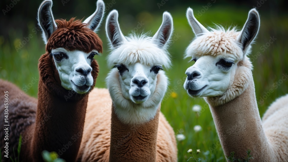 Obraz premium Group of three fluffy alpacas featuring brown and white coats in a scenic countryside meadow