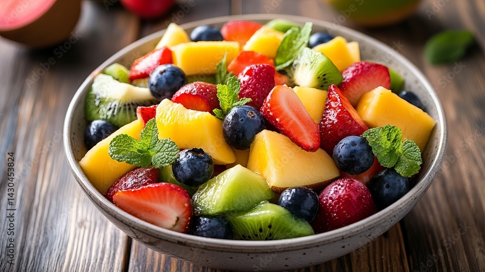 Delicious fresh summer fruit salad with mango kiwi strawberries and blueberries food bowl diet sweet Delicious fresh summer fruit salad with mango kiwi strawberries and blueberries food bowl diet sweet
