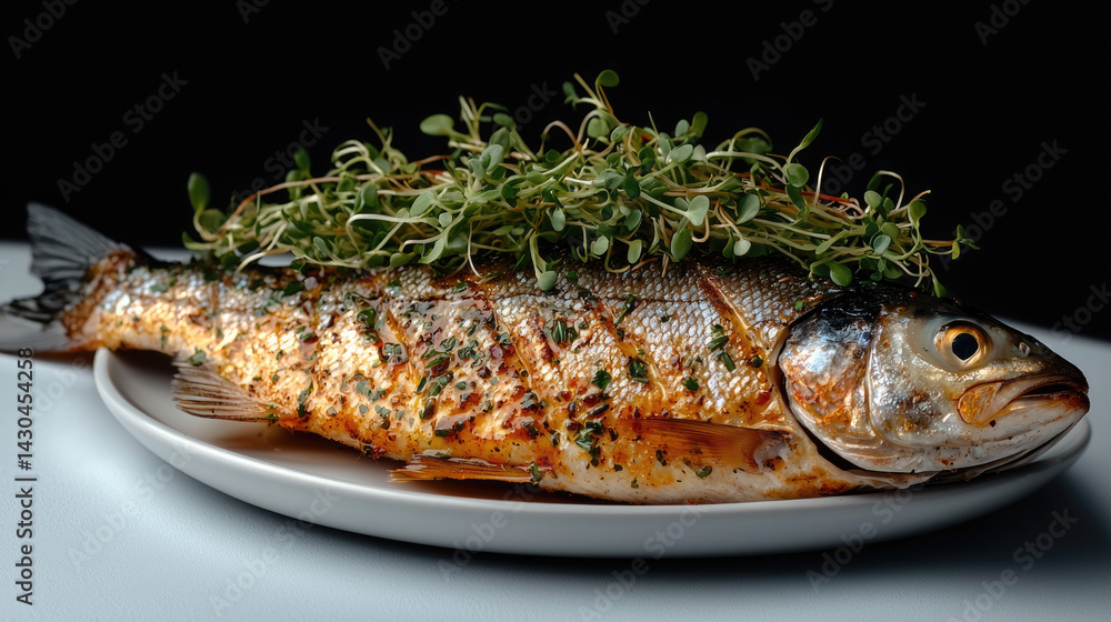 Grilled river fish garnished with fresh herbs, showcasing delicious and appetizing presentation. fish is perfectly cooked, highlighting its golden brown skin and vibrant colors