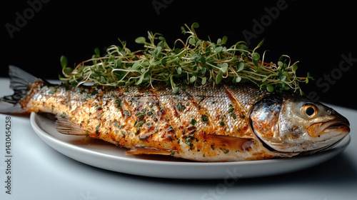 Obraz na płótnie Grilled river fish garnished with fresh herbs, showcasing delicious and appetizing presentation. fish is perfectly cooked, highlighting its golden brown skin and vibrant colors w salonie
