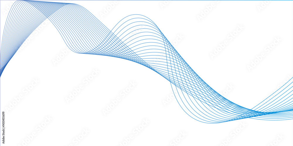 Create a vector illustration of blue abstract wave pattern on a white background. The wave should have a smooth, flowing form with overlapping transparent lines and gradient mesh effects, creating Create a vector illustration of blue abstract wave pattern on a white background. The wave should have a smooth, flowing form with overlapping transparent lines and gradient mesh effects, creating