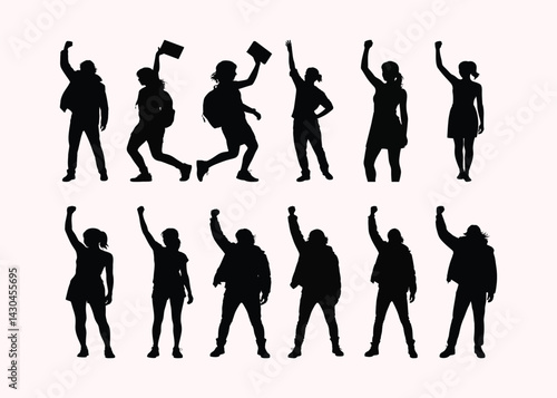 Silhouettes of Dancing Figures in Energetic Poses, Celebratory Gestures, and Dynamic Movement in Black and White Vector Style